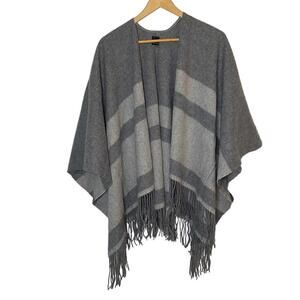 AQUA 100% Wool Poncho Gray Striped Fringe One Size OSFM